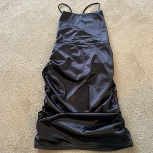 WINDSOR LITTLE BLACK SATINY MINI DRESS STRAPPY OPEN BACK RUCHED SIDES SIZE S